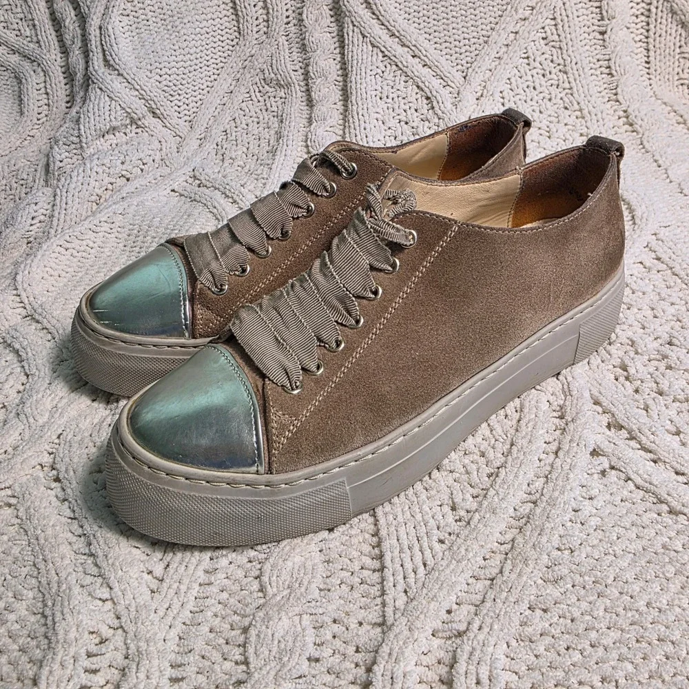 AGL Suede Cap Toe Sneaker Brown Silver Metallic Platform Women‎ 40 9-9.5